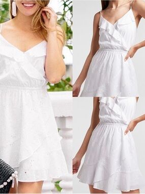 XL Express white eyelet ruffle wrap mini dress.